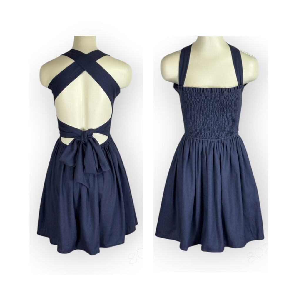 Miou Muse Smocked Halter Open-Back Tank Mini Dress Linen Blend NEW Small Navy
